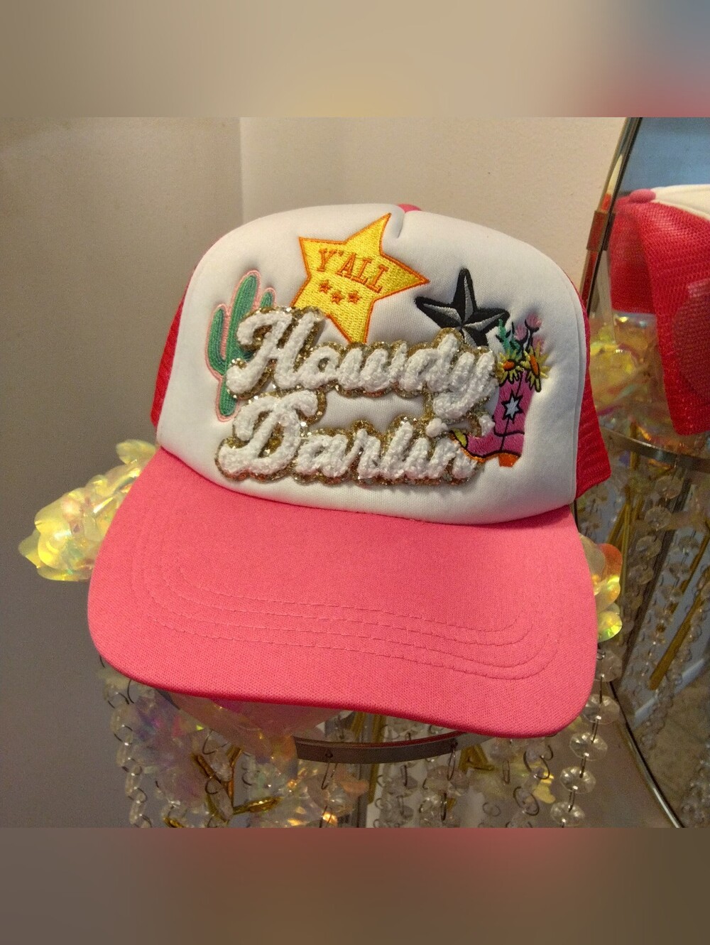 Howdy Darlin' Embroidered Trucker Hat - Pink & White
